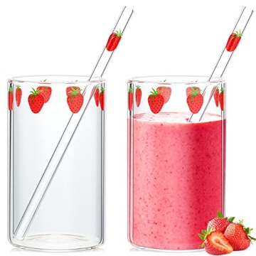Tessco Strawberry Cups Set - Cute Glass Tumblers for Juice and More