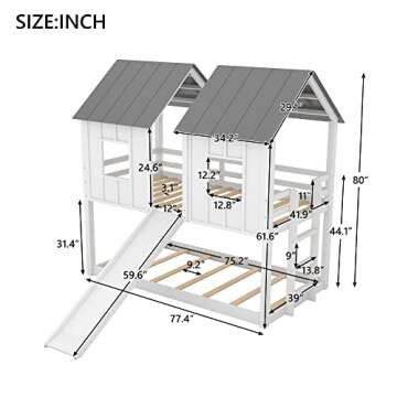 Polibi Slide Wooden Bunk Bed with Windows, Ladder, Guardrails and Twin Size in White