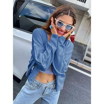 Womens Cardigan Sweaters Button Down Open Front Y2K Knit Cardigan with Floral Pockets 90s Aesthetic 2023 College Outfits Blue