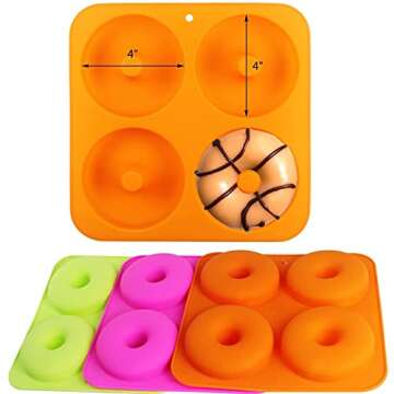 BAKHUK 3pcs Full Size Donut Pan, 4 Inch Big Size Silicone Donut Mold for 4 Doughnuts, Non-Stick Silicone Baking Pan for Bagels, Heat Resistant, Easy Clean, Dishwasher and Microwave Safe