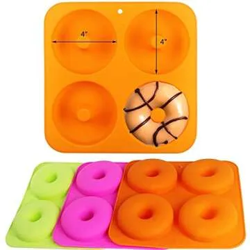 BAKHUK 3pcs Full Size Donut Pan, 4 Inch Big Size Silicone Donut Mold for 4 Doughnuts, Non-Stick Silicone Baking Pan for Bagels, Heat Resistant, Easy Clean, Dishwasher and Microwave Safe