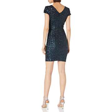 Dress the Population Womens Zoe Cap Sleeve Plunging Sequin Mini Cocktail Dress, Navy, Large US