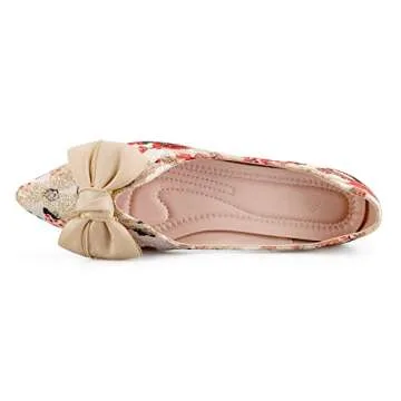Hxlber Apricot Flats for Women Pointed Toe Bow Embroidery Ballet Comfortable Dressy Slip On Flat Shoes Size 10