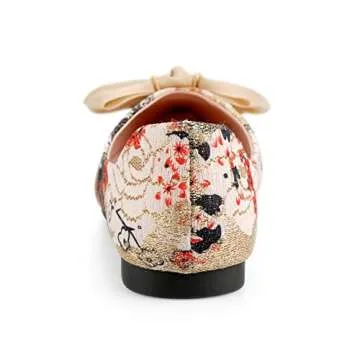 Hxlber Apricot Flats for Women Pointed Toe Bow Embroidery Ballet Comfortable Dressy Slip On Flat Shoes Size 10