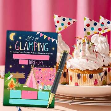 KFNER Camping Birthday Invitations, Let's Go Glamping Birthday Party Invitation Card Boy Girl, Slumber Party Favors & Celebration Supplies (20 Set of Invitations with Envelopes) -C24