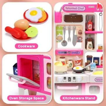 CUTE STONE Kids Kitchen Playset, Play Kitchen Set with Sound & Light, Cooking Stove with Steam, Toy Sink,Play Food Toy and Kitchen Accessories for Pretend Play, Kitchen Toy Set for Toddler Girls, Pink