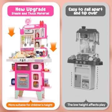 CUTE STONE Kids Kitchen Playset, Play Kitchen Set with Sound & Light, Cooking Stove with Steam, Toy Sink,Play Food Toy and Kitchen Accessories for Pretend Play, Kitchen Toy Set for Toddler Girls, Pink