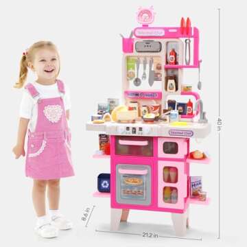 CUTE STONE Kids Kitchen Playset, Play Kitchen Set with Sound & Light, Cooking Stove with Steam, Toy Sink,Play Food Toy and Kitchen Accessories for Pretend Play, Kitchen Toy Set for Toddler Girls, Pink