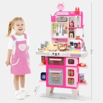 CUTE STONE Kids Kitchen Playset, Play Kitchen Set with Sound & Light, Cooking Stove with Steam, Toy Sink,Play Food Toy and Kitchen Accessories for Pretend Play, Kitchen Toy Set for Toddler Girls, Pink