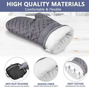 6 Pcs Oven Mitts and Pot Holders, 500℉ Heat Resistant Oven Mitts with Kitchen Towels Soft Cotton Lining and Non-Slip Silicone Surface Safe for Baking, Cooking, BBQ (Grey)
