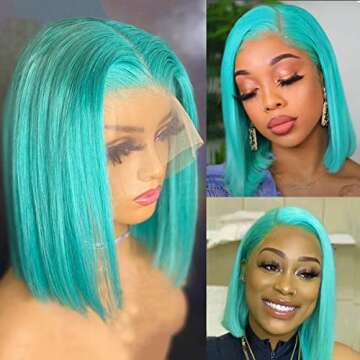 BESFOR Silky Straight Bob Human Hair Wig for Black Women 180 Density Middle Part Brazilian HD Transparent 13x4 Lace Front Wigs with Baby Hair Glueless Bleached Knots 10" Lake Blue Color
