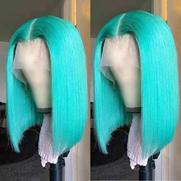 BESFOR Silky Straight Bob Human Hair Wig for Black Women 180 Density Middle Part Brazilian HD Transparent 13x4 Lace Front Wigs with Baby Hair Glueless Bleached Knots 10" Lake Blue Color