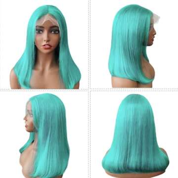 BESFOR Silky Straight Bob Human Hair Wig for Black Women 180 Density Middle Part Brazilian HD Transparent 13x4 Lace Front Wigs with Baby Hair Glueless Bleached Knots 10" Lake Blue Color