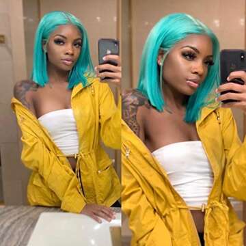 BESFOR Silky Straight Bob Human Hair Wig for Black Women 180 Density Middle Part Brazilian HD Transparent 13x4 Lace Front Wigs with Baby Hair Glueless Bleached Knots 10" Lake Blue Color