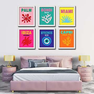 Travel Art Prints Set, Aesthetic Canvas Wall Art Prints for Preppy Room Decor, Abstract Travel Poster Set of 6 (8*10in,UNFRAMED), Gallery Wall Set, Colorful Wall Art, Maximalist Decor, Preppy Things