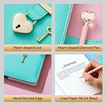 JEWPHX Heart Shaped Lock Diary with Key&Heart Diamond Pen,PU Leather Cover,A5,Journal Secret Notebook Gift for Women Girls (A5(8.5"*5.7"), 01-Green)