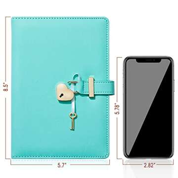 JEWPHX Heart Shaped Lock Diary with Key&Heart Diamond Pen,PU Leather Cover,A5,Journal Secret Notebook Gift for Women Girls (A5(8.5"*5.7"), 01-Green)