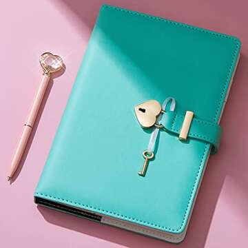JEWPHX Heart Shaped Lock Diary with Key&Heart Diamond Pen,PU Leather Cover,A5,Journal Secret Notebook Gift for Women Girls (A5(8.5"*5.7"), 01-Green)