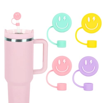 Whaline 4Pcs Smiling Face Straw Covers Macaron Silicone Reusable Straw Topper Double Sided Pattern