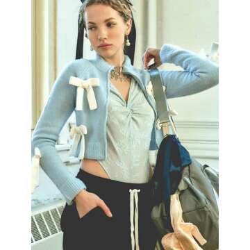 CIDER Women’s Bow Knot Cardigan Knit Zip Up Jackets Color Block Mock Turtleneck Long Sleeve Crop Tops Winter Outfit: Baby Blue, M