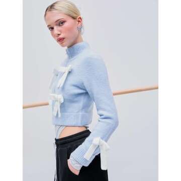 CIDER Women’s Bow Knot Cardigan Knit Zip Up Jackets Color Block Mock Turtleneck Long Sleeve Crop Tops Winter Outfit: Baby Blue, M