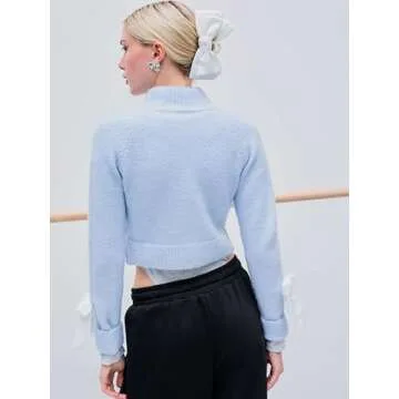 CIDER Women’s Bow Knot Cardigan Knit Zip Up Jackets Color Block Mock Turtleneck Long Sleeve Crop Tops Winter Outfit: Baby Blue, M