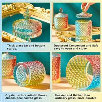 Aoriher 4 Pcs Crystal Glass Candy Jar Set with Lids Home Decorative Storage Jars for Apothecary, Bathroom, Kitchen, and Pantry, Ideal for Cotton Swabs and Jewelry(Medium,Colorful)