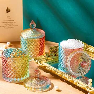 Aoriher 4 Pcs Crystal Glass Candy Jar Set with Lids Home Decorative Storage Jars for Apothecary, Bathroom, Kitchen, and Pantry, Ideal for Cotton Swabs and Jewelry(Medium,Colorful)