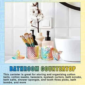 Aoriher 4 Pcs Crystal Glass Candy Jar Set with Lids Home Decorative Storage Jars for Apothecary, Bathroom, Kitchen, and Pantry, Ideal for Cotton Swabs and Jewelry(Medium,Colorful)