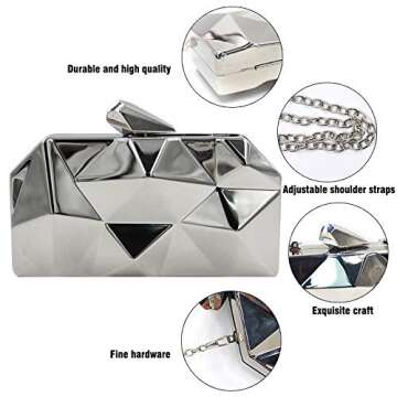 Van Caro Womens Metal Clutch Geometric Evening Handbag Diamond Chain Purse, Silver