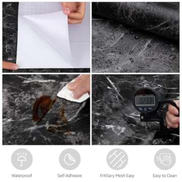Abyssaly Black Marble Paper Granite Wallpaper 15.7" X 118" Countertop Peel and Stick Self Adhesive T...