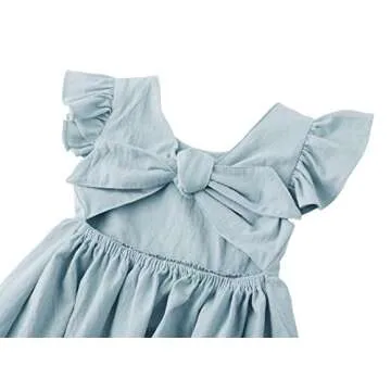 LYXIOF Toddler Baby Girl Cotton Linen Summer Dress Ruffle Sleeve Back Bowknot Kids Beach Dresses Light Blue 130CM