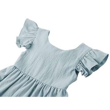 LYXIOF Toddler Baby Girl Cotton Linen Summer Dress Ruffle Sleeve Back Bowknot Kids Beach Dresses Light Blue 130CM