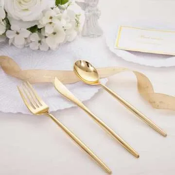 SUT 150PCS Gold Plastic Silverware,Gold Plastic Utensils,Gold Silverware Disposable,Disposable Utensils Heavy Duty,Disposable Cutlery,Includes:50 Knives, Forks and Spoons for Party, Birthday,Wedding