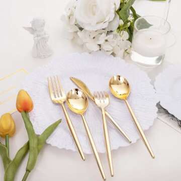 SUT 150PCS Gold Plastic Silverware,Gold Plastic Utensils,Gold Silverware Disposable,Disposable Utensils Heavy Duty,Disposable Cutlery,Includes:50 Knives, Forks and Spoons for Party, Birthday,Wedding