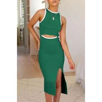 PRETTYGARDEN Women's Summer Midi Bodycon Dresses Casual Crew Neck Side Slit Sleeveless Knit Cut Out Tank Top Dress (Z-Green,Small)