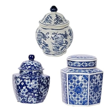 Elegant A&B Home Blue and White Porcelain Ginger Jars Set of 3 for Home Decor