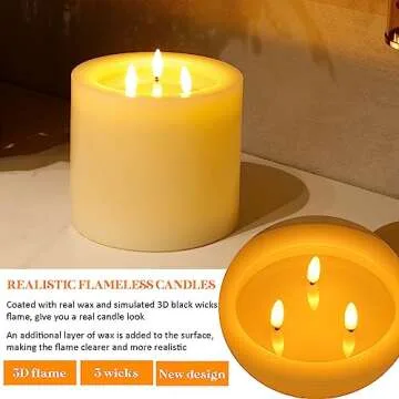 AFINETH Extra Large Flameless Candles with 3 Wicks, 6"x6" Real Wax Battery Operated Candles with Remote and Timer, Flickering LED Candles Fake Candles for Home, Wedding, Party, Ivory