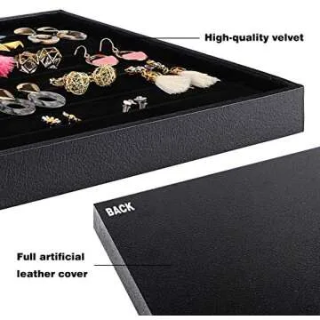 Mebbay Stackable Velvet Jewelry Trays Organizer, Jewelry Storage Display Trays with Full Artificial Leather Cover for Drawer, Earring Necklace Bracelet Ring Organizer, Set of 3 (Black)