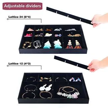 Mebbay Stackable Velvet Jewelry Trays Organizer, Jewelry Storage Display Trays with Full Artificial Leather Cover for Drawer, Earring Necklace Bracelet Ring Organizer, Set of 3 (Black)