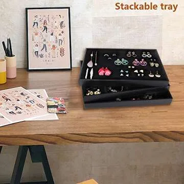 Mebbay Stackable Velvet Jewelry Trays Organizer, Jewelry Storage Display Trays with Full Artificial Leather Cover for Drawer, Earring Necklace Bracelet Ring Organizer, Set of 3 (Black)