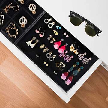 Mebbay Stackable Velvet Jewelry Trays Organizer, Jewelry Storage Display Trays with Full Artificial Leather Cover for Drawer, Earring Necklace Bracelet Ring Organizer, Set of 3 (Black)