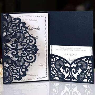 Wedding Invitation Cards,10pcs Laser Cut Floral Design Invites Pocket for Bridal Showers, Engagement Parties, Includes Covers, Blank Inserts (Dark Blue)