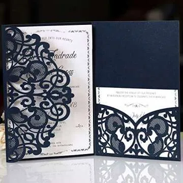 Wedding Invitation Cards,10pcs Laser Cut Floral Design Invites Pocket for Bridal Showers, Engagement Parties, Includes Covers, Blank Inserts (Dark Blue)