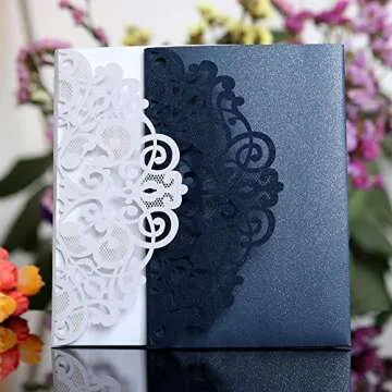 Wedding Invitation Cards,10pcs Laser Cut Floral Design Invites Pocket for Bridal Showers, Engagement Parties, Includes Covers, Blank Inserts (Dark Blue)