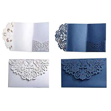 Wedding Invitation Cards,10pcs Laser Cut Floral Design Invites Pocket for Bridal Showers, Engagement Parties, Includes Covers, Blank Inserts (Dark Blue)
