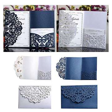 Wedding Invitation Cards,10pcs Laser Cut Floral Design Invites Pocket for Bridal Showers, Engagement Parties, Includes Covers, Blank Inserts (Dark Blue)