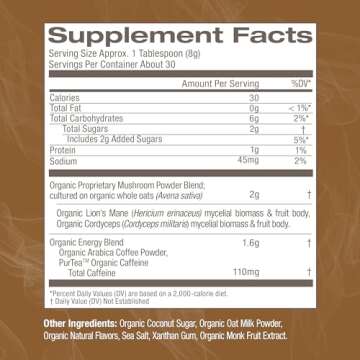 OM MUSHROOM SUPERFOOD Coffee Latte Blend Mushroom Powder, 8.47 Ounce Canister, 30 Servings, Lion's Mane, Cordyceps, Reishi, Chaga, Energy & Mental Clarity Support Supplement