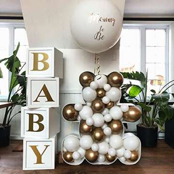 Baby Shower Boxes Party Decorations - 4pcs Stereoscopic White Baby Balloon Boxes with Gold Baby+A-Z Letters,Baby Party Boxes Baby Blocks for Teddy Bear Baby Shower,Boy Girl 1st Birthday Party Backdrop