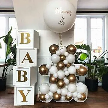 Baby Shower Boxes Party Decorations - 4pcs Stereoscopic White Baby Balloon Boxes with Gold Baby+A-Z Letters,Baby Party Boxes Baby Blocks for Teddy Bear Baby Shower,Boy Girl 1st Birthday Party Backdrop